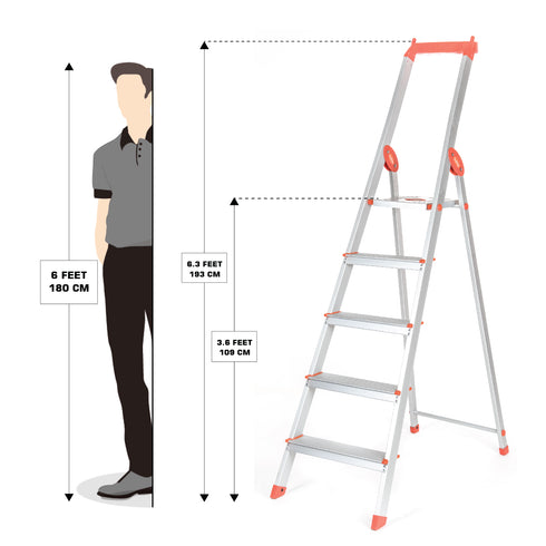 Bathla Elevate 5-Step Foldable Aluminium Ladder For Home with Tool Tray (Orange)
